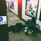 MTA station sticker from skell city, on a red subway platform beam with a soiled homeless man sleeping on the ground covered in urine, next to his wheelchair. 