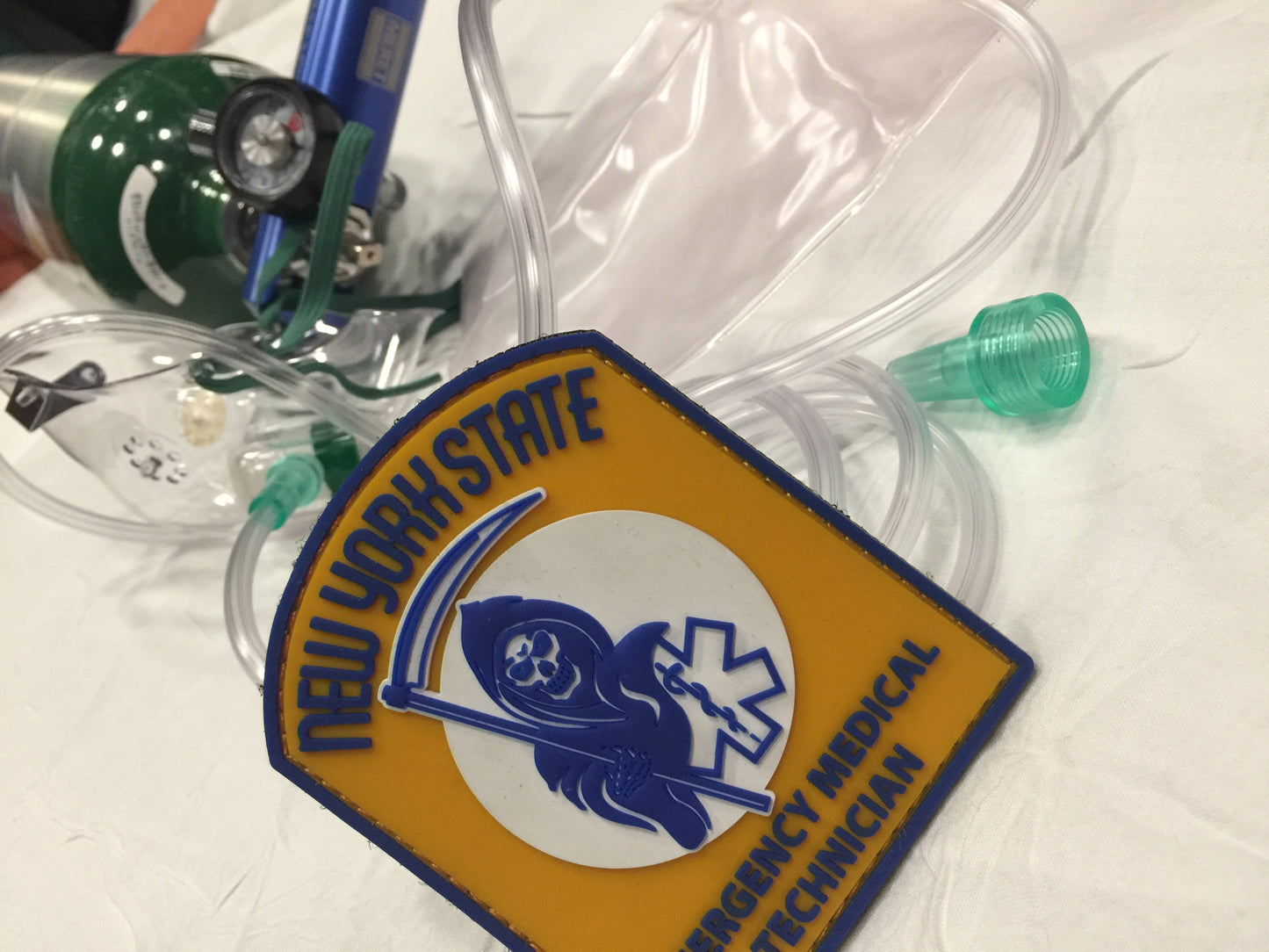 new york state skell city reaper EMT Velcro PVC patch against clear nrb mask tubing and oxygen cylinder with regulator