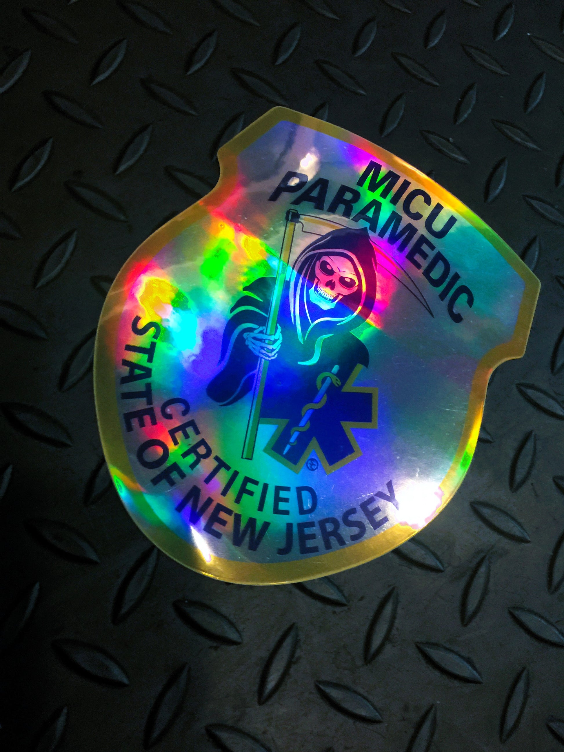 New jersey MICU Paramedic patch shiny Holographic Sticker on Grey gridiron background.