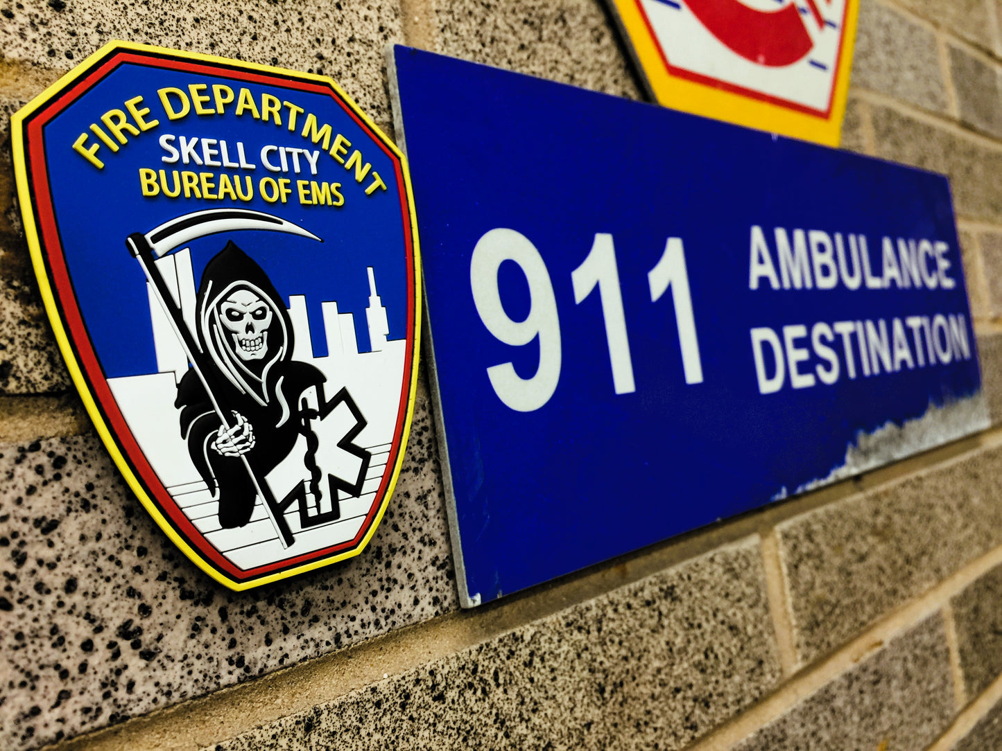 EMS patch from skell city, up against FDNY logo ER bay plaque.