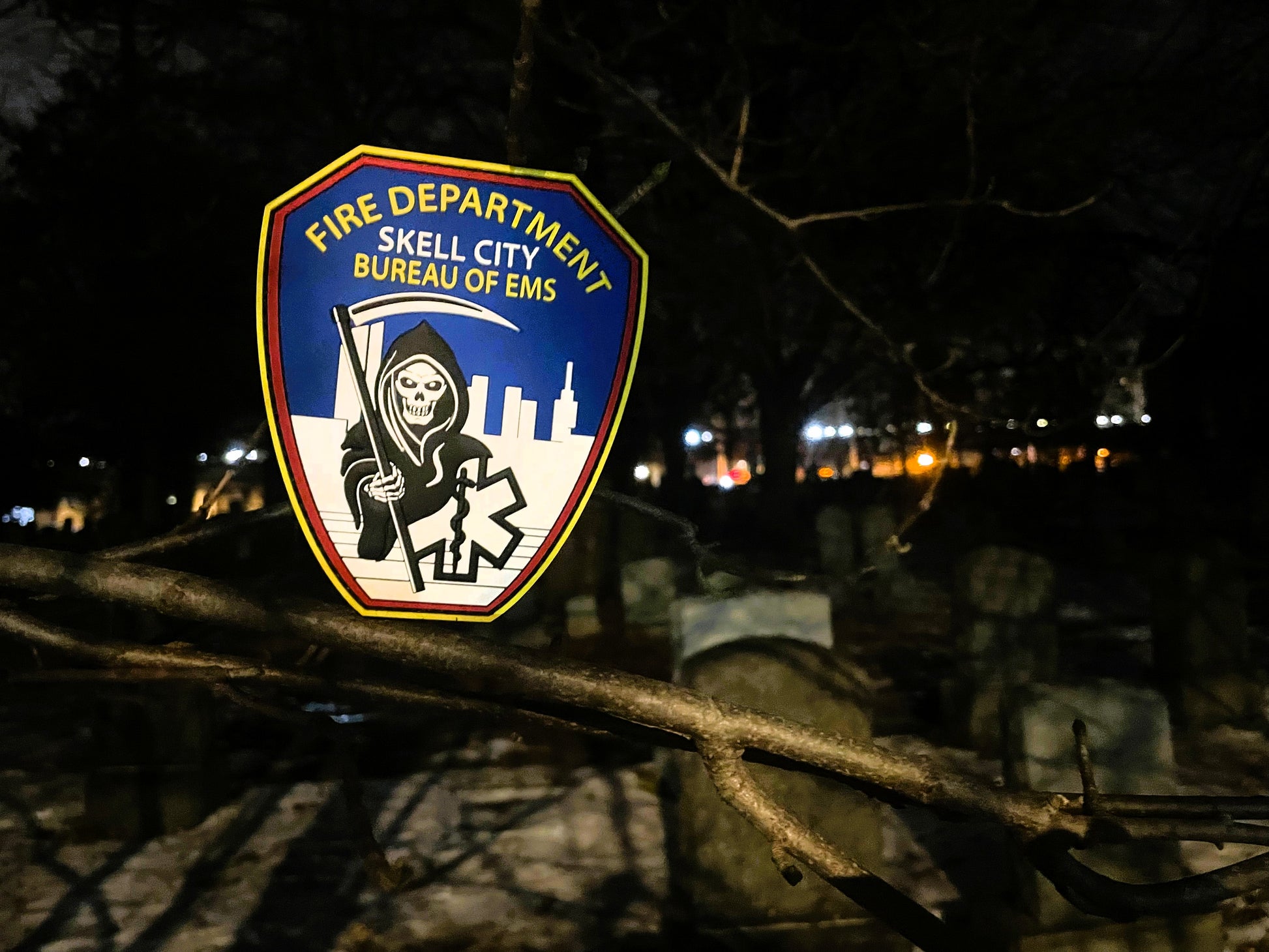 FDNY EMS patch from skell city, sitting on a branch inside of graveyard.