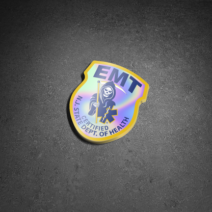 New jersey EMT State Department of Health Holographic sticker against a concrete street background.