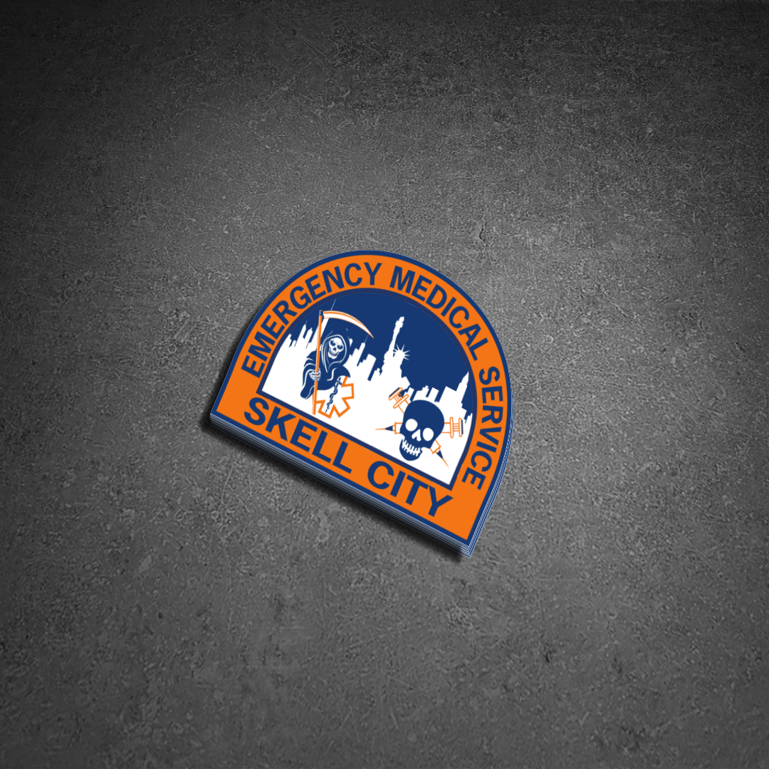 Old NYC EMS HHC patch salty stickers against a concrete street background.