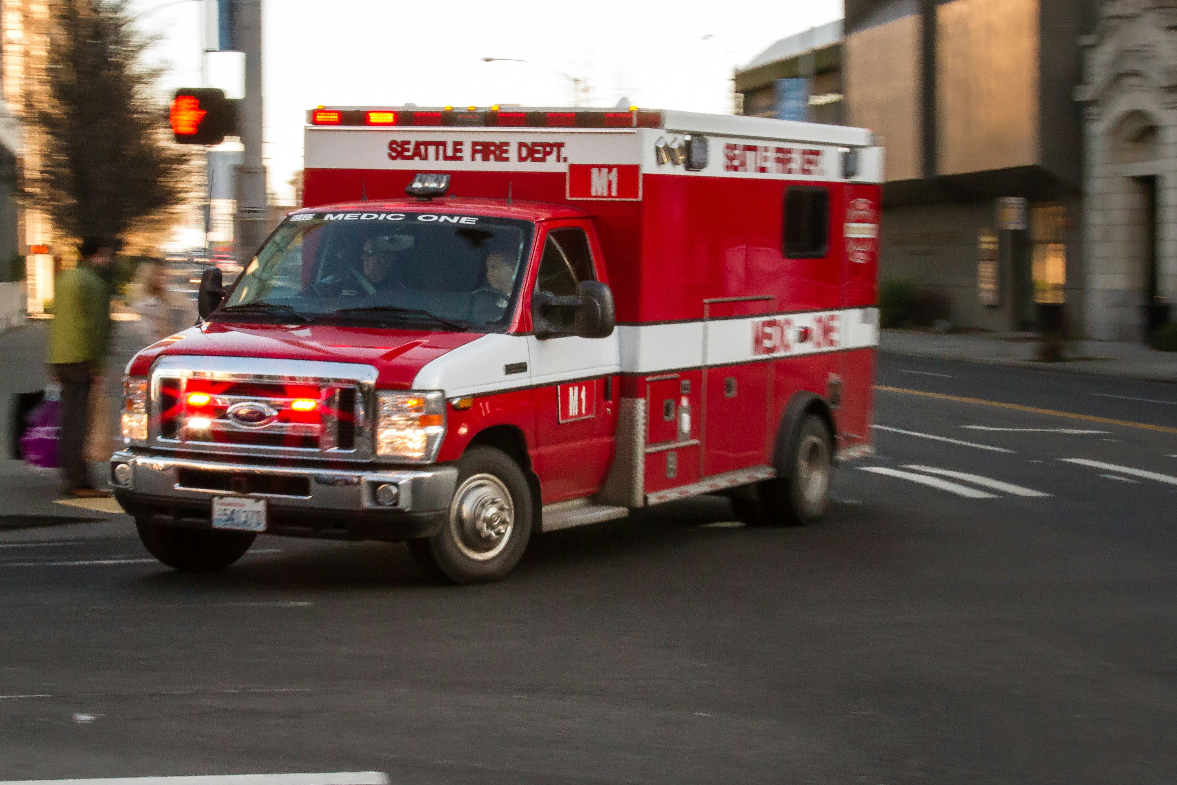 Seattle Fire department medic 1 ambulance responding to a call. 